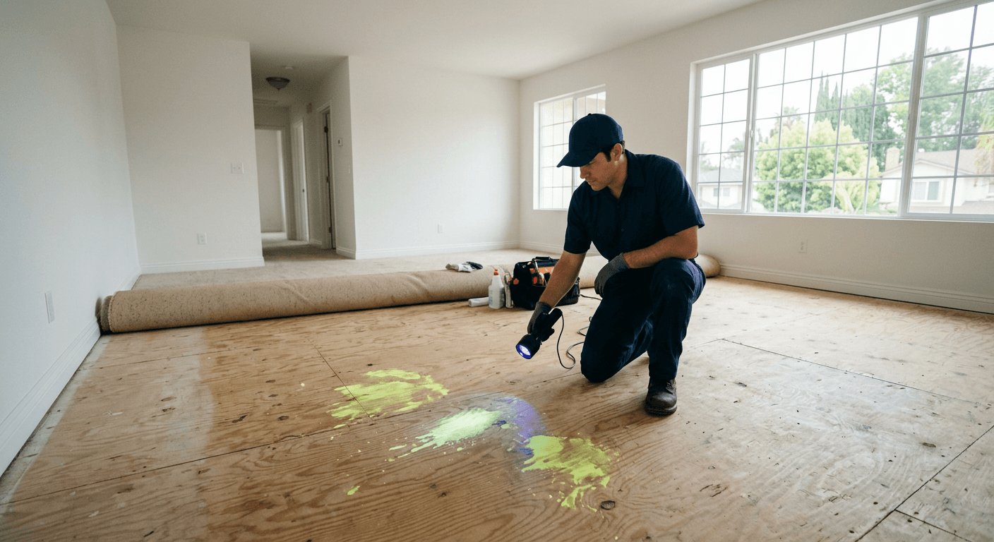 OdorXpert technician using a UV black light to reveal pet urine stains on an exposed subfloor