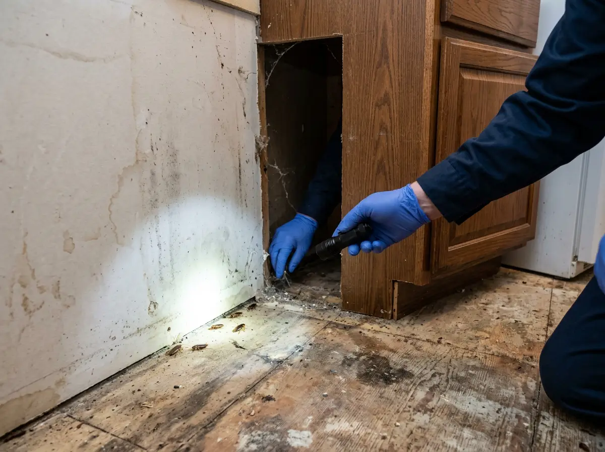 Technician with a flashlight inspecting behind a kitchen cabinet after a cockroach infestation