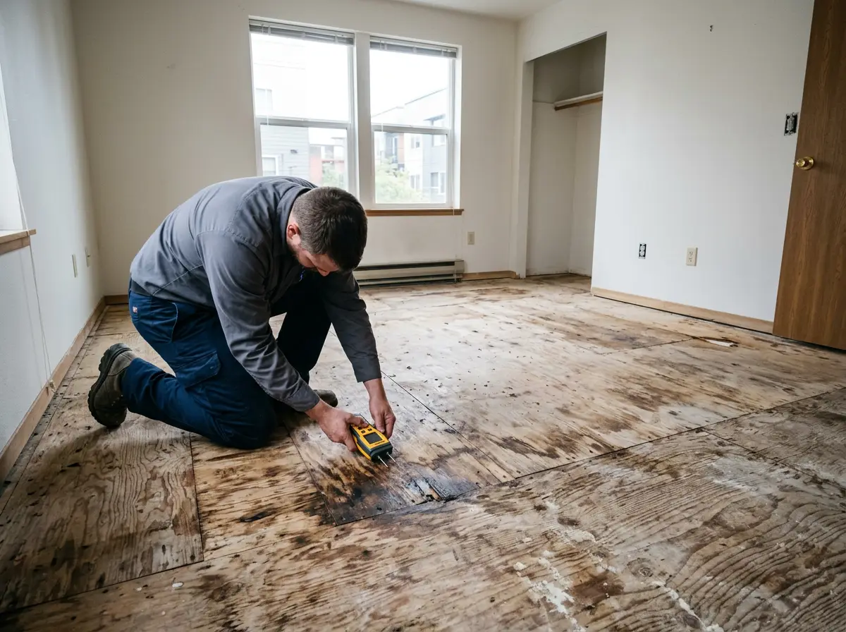 Technician testing stained subfloor with a moisture meter in a vacant apartment