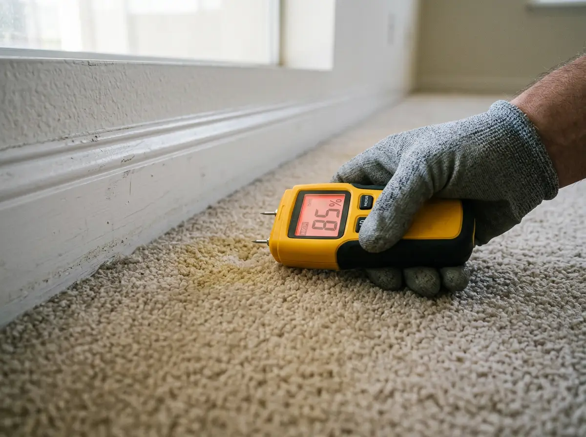 Technician taking moisture readings during an odor inspection