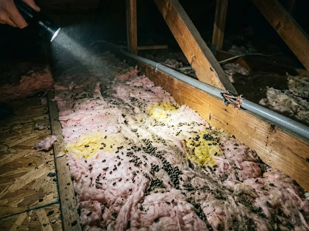 Technician inspecting rodent-contaminated attic insulation