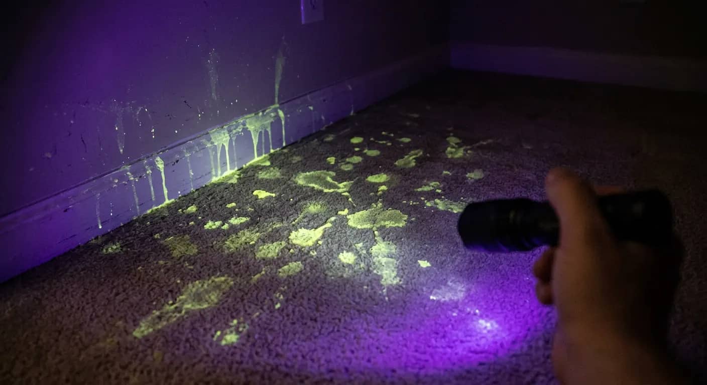 UV blacklight revealing hidden pet urine stains on a floor