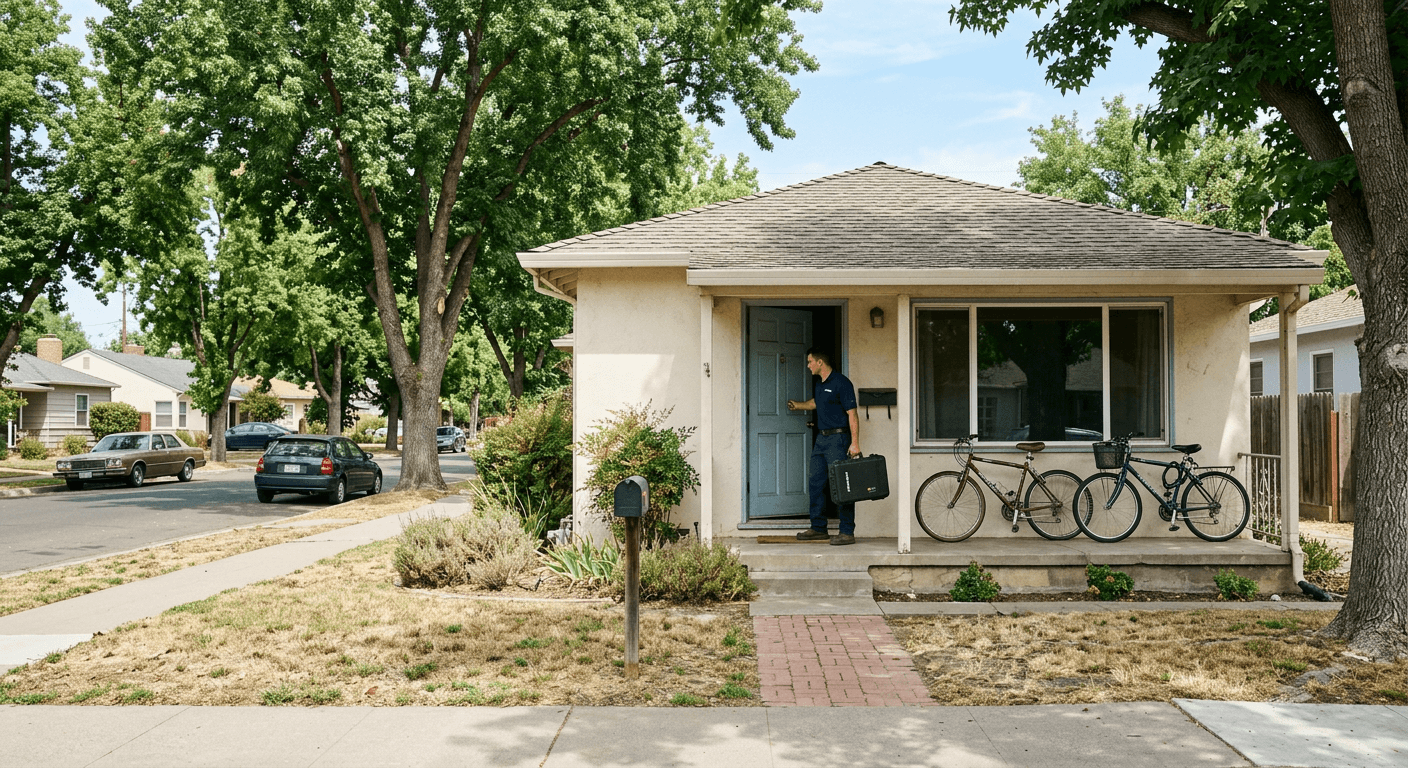 OdorXpert technician at the door of a rental house in Merced County