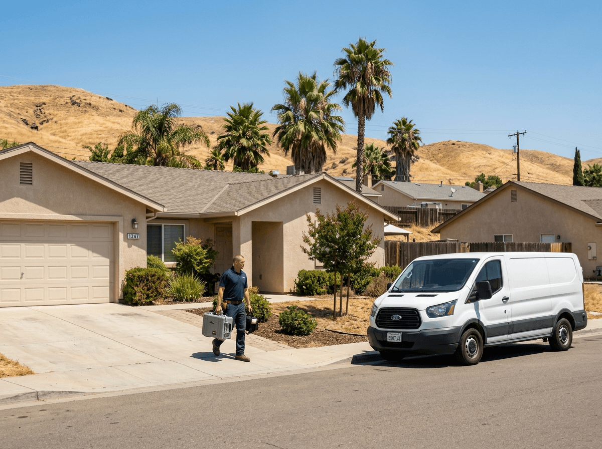 OdorXpert technician arriving at a slab-on-grade valley home in Sutter County
