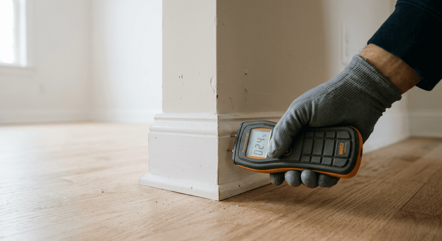 Moisture meter testing the base of a wall during an on-site inspection