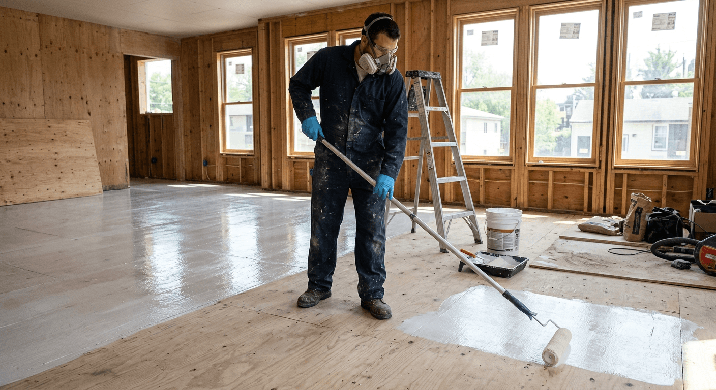 Technician rolling Odor Encapsulator sealant onto a bare subfloor