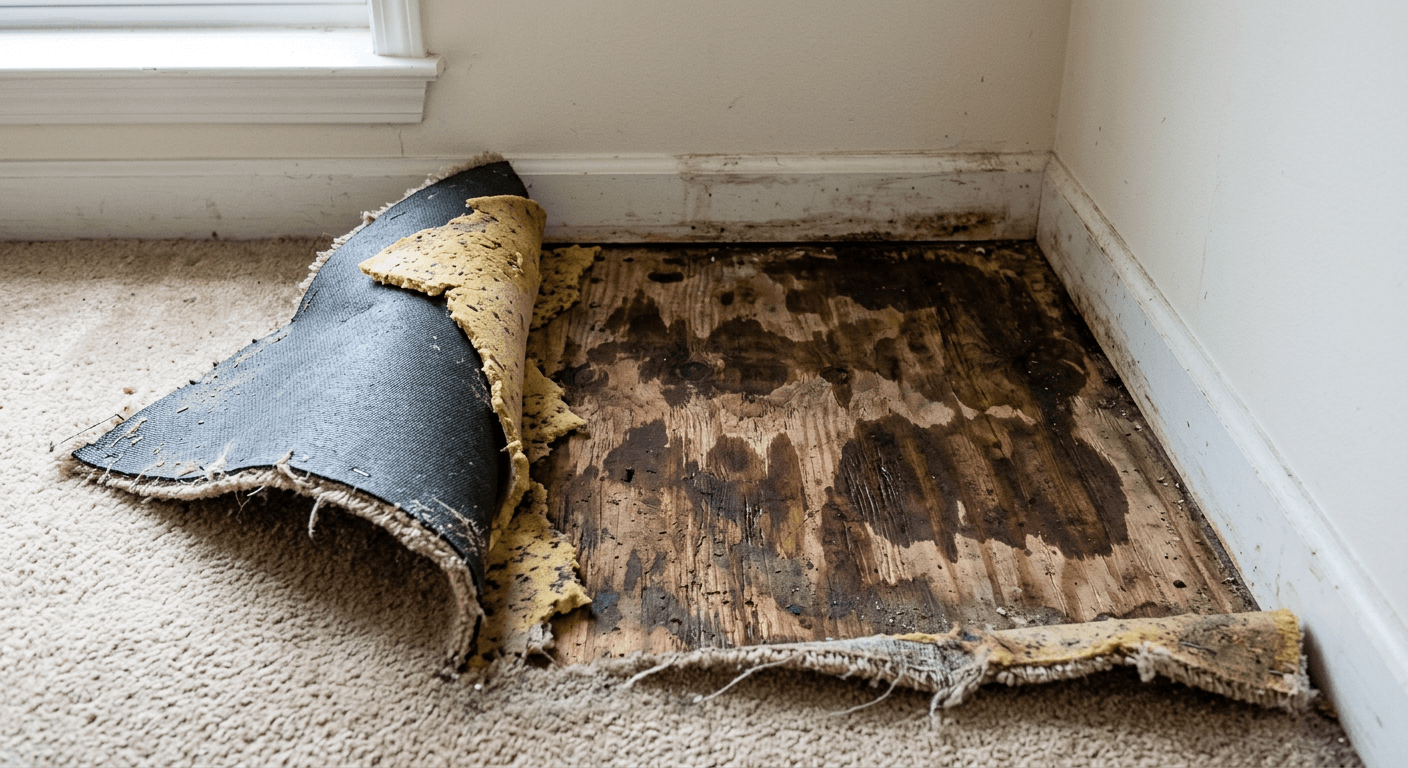 Carpet and pad pulled back from a urine-stained subfloor
