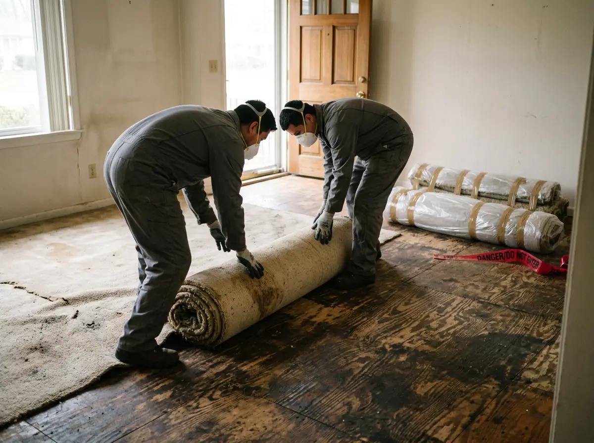 Two workers in respirators rolling up urine-stained carpet and pad, exposing the subfloor beneath