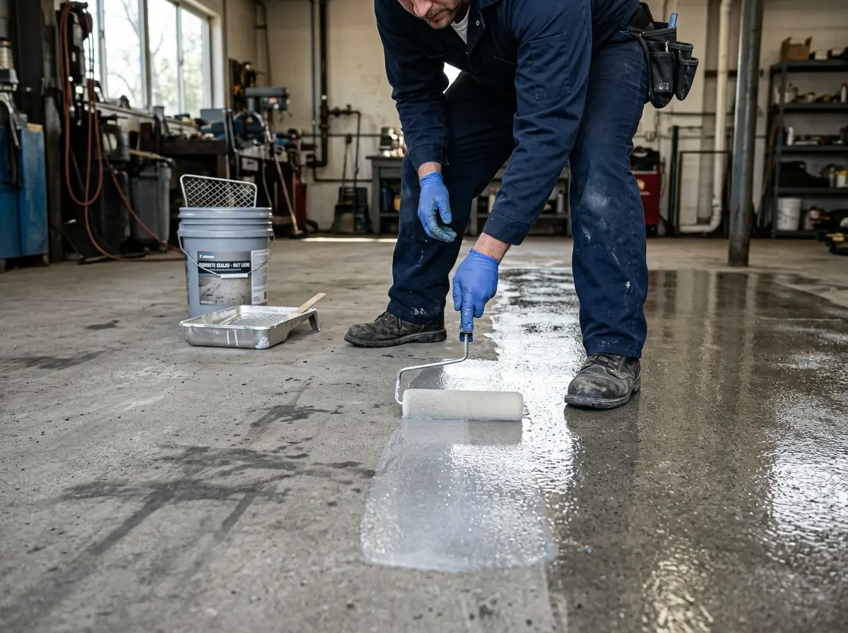 Technician rolling clear odor sealer onto a cleaned concrete slab, half the floor sealed and glossy