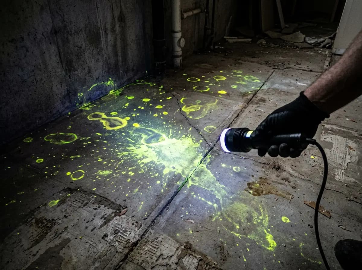 UV light revealing glowing pet urine rings soaked into a bare concrete slab near a wall and crack