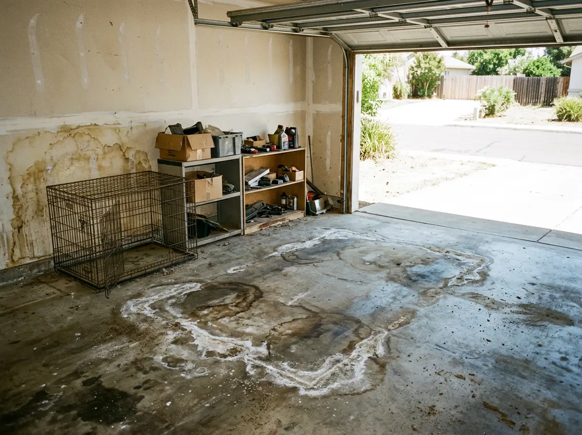 Animal urine staining on a garage floor at a Carmel Valley, CA property