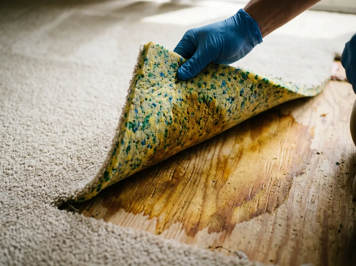 Underside of carpet pad saturated with pet urine from a Santa Monica, CA home