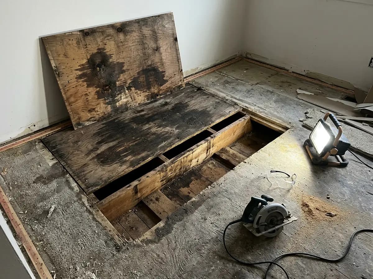 Urine-saturated plywood subfloor section cut out of a bedroom floor, exposing stained floor joists below