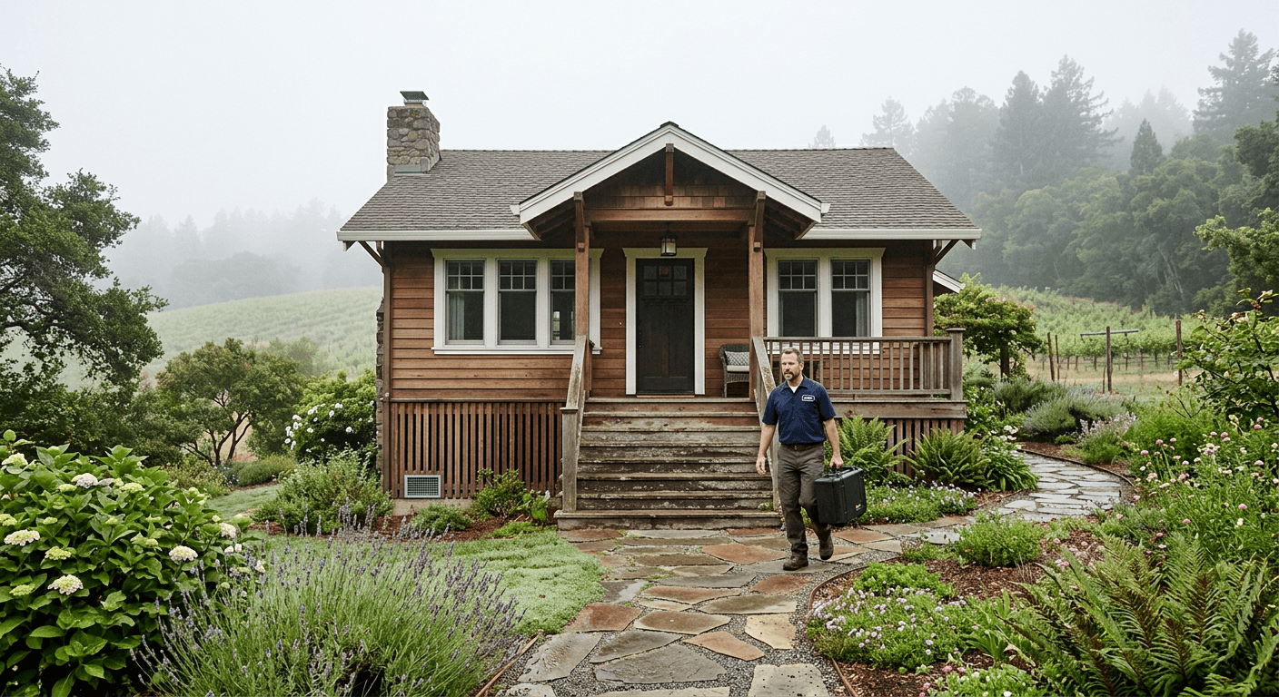 OdorXpert technician approaching a historic coastal home on a raised foundation in Monterey County