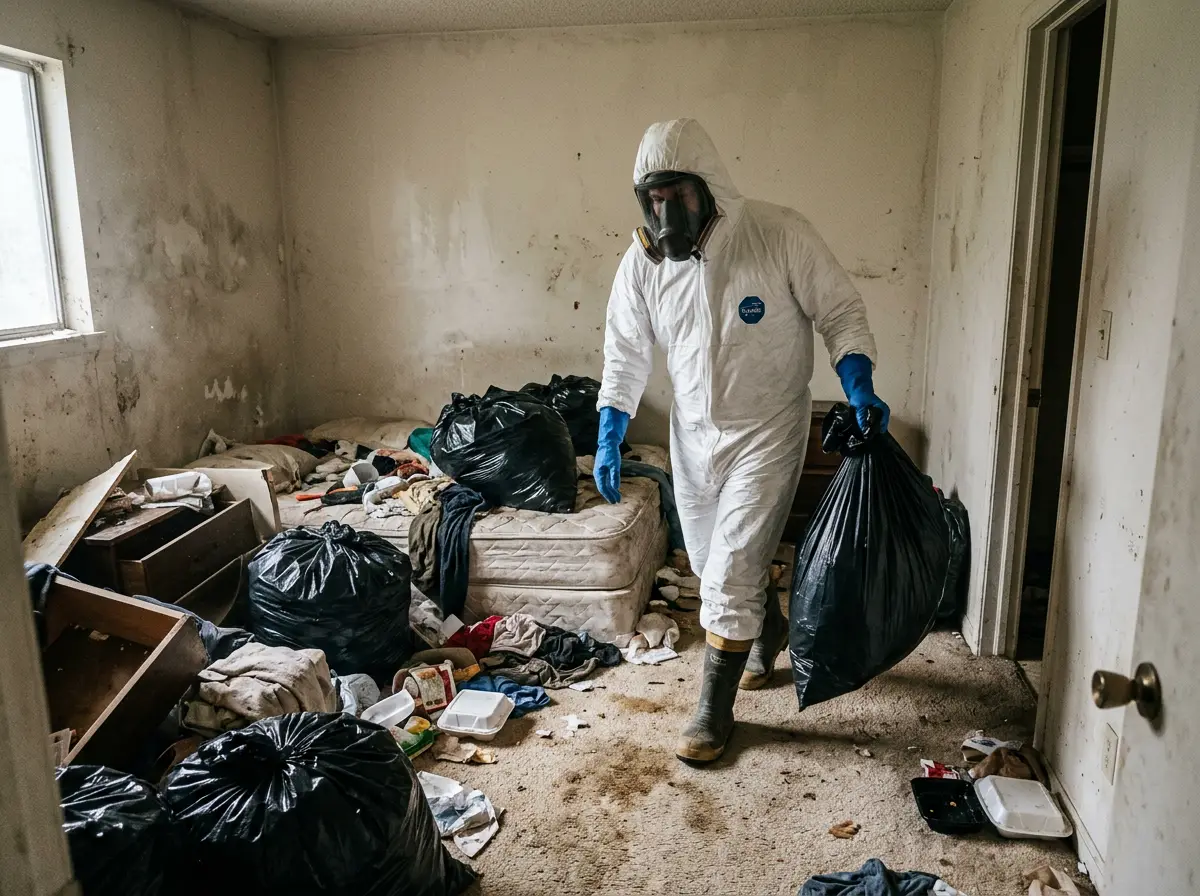 Technician in a full protective suit and respirator clearing bagged debris from a heavily neglected bedroom