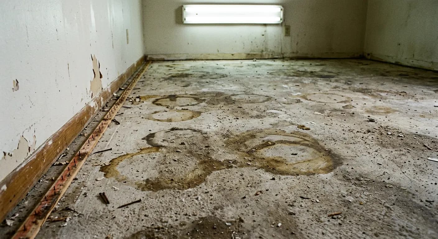 Urine stain rings on an exposed concrete slab in a Arcadia, CA home
