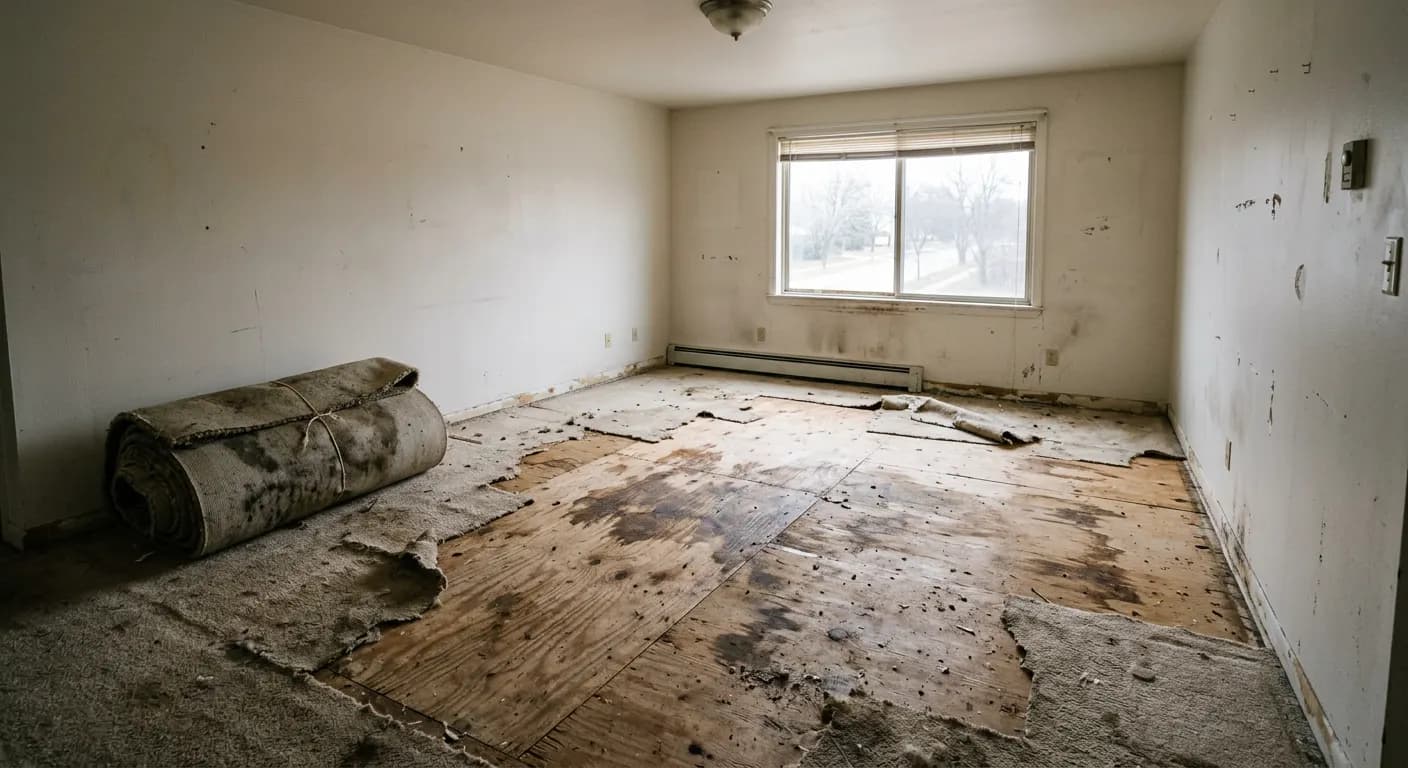 Empty rental unit with pet urine damage during turnover in Hawaiian Gardens, CA