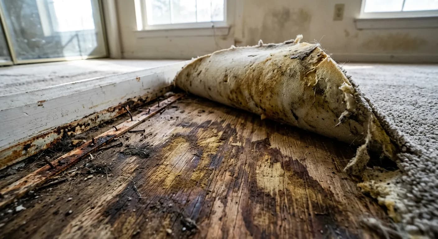 Carpet and pad pulled back to reveal urine-stained wood subfloor in a Burbank, CA home